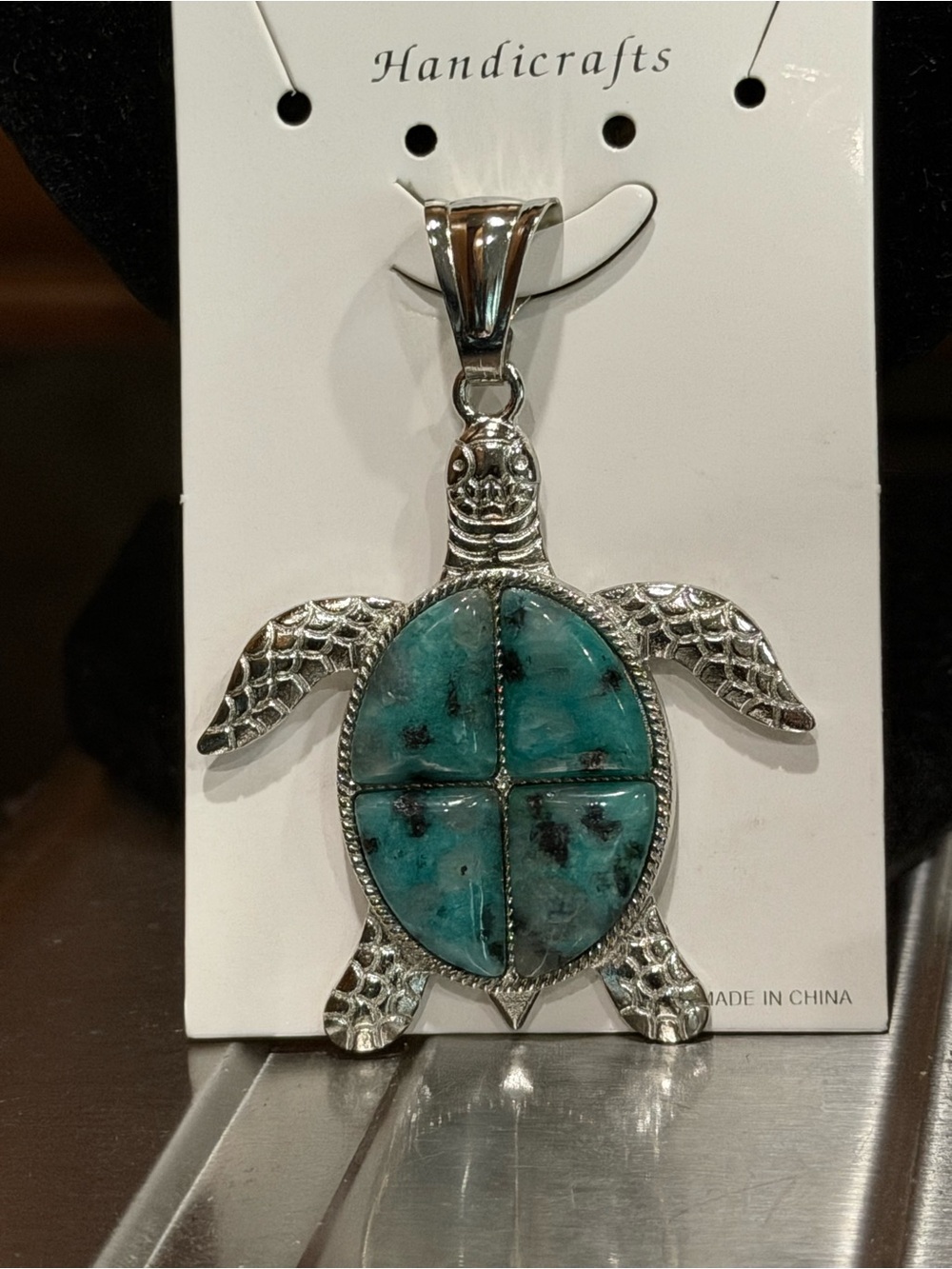 Silver Turtle Pendant with Green Quartz Inlay
